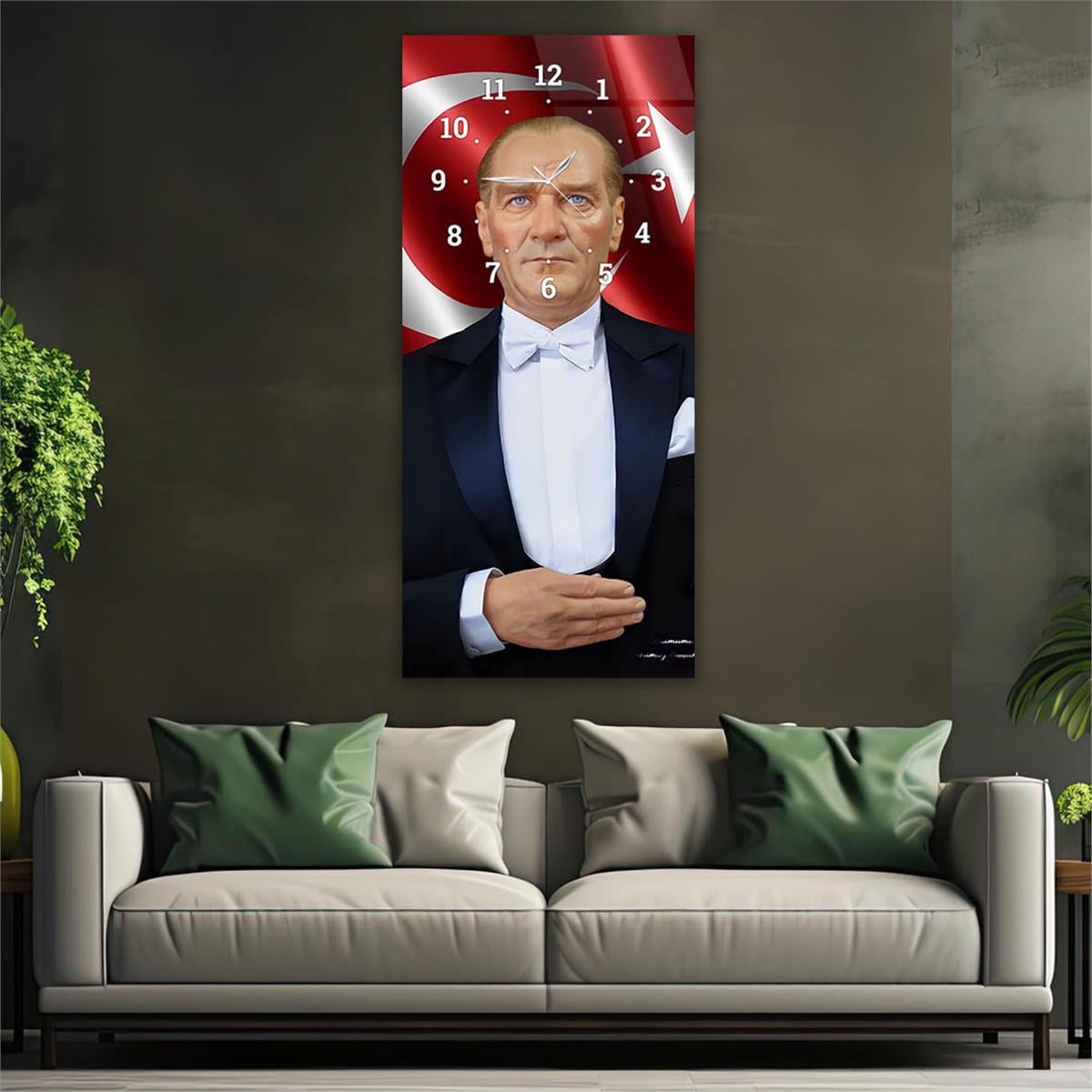 Dikey Üstten Saatli Vatan Temalı Cam Tablo 017