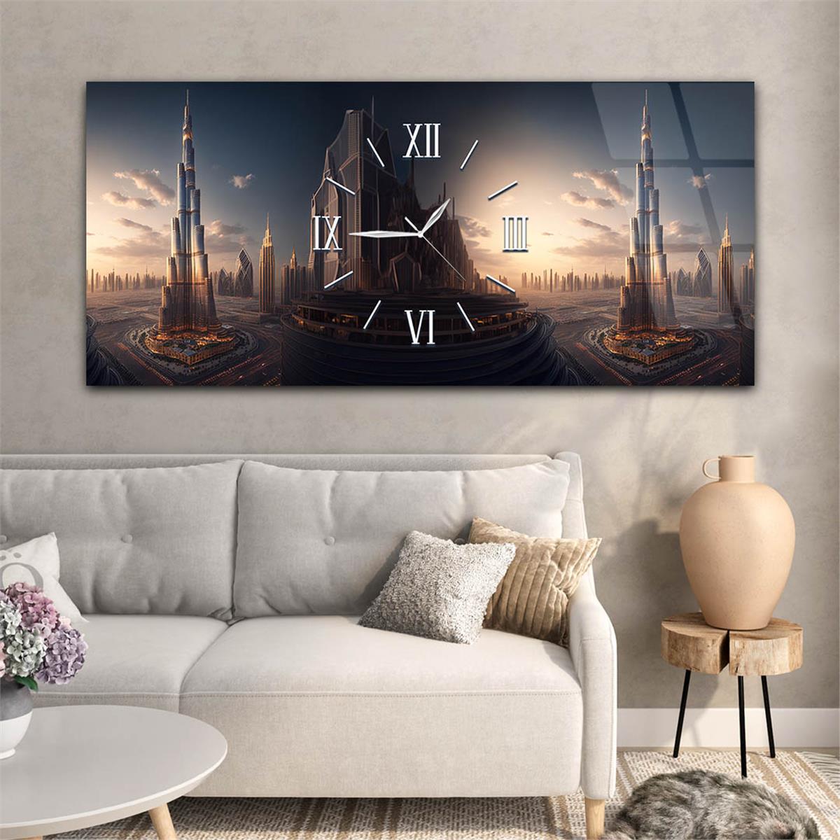 Horizontaal, in Het Midden Voorzien Van Een Klok, Kunst En Natuur Thema Gehard Glasschilderij 088