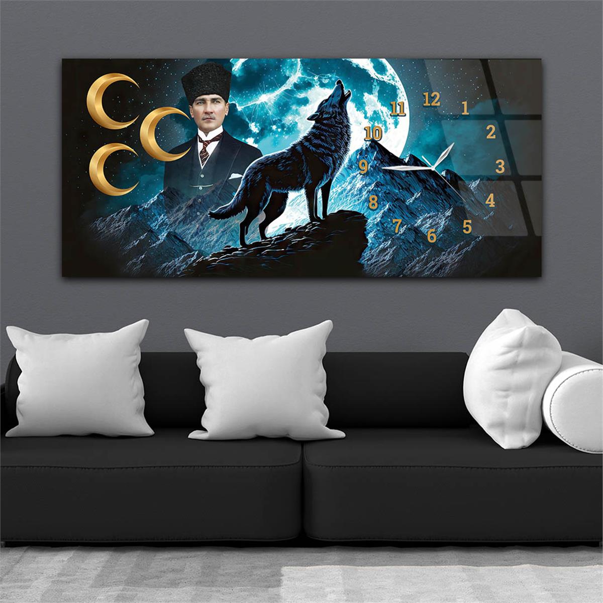 Yatay Saatli Yandan Vatan Temalı Cam Tablo 039