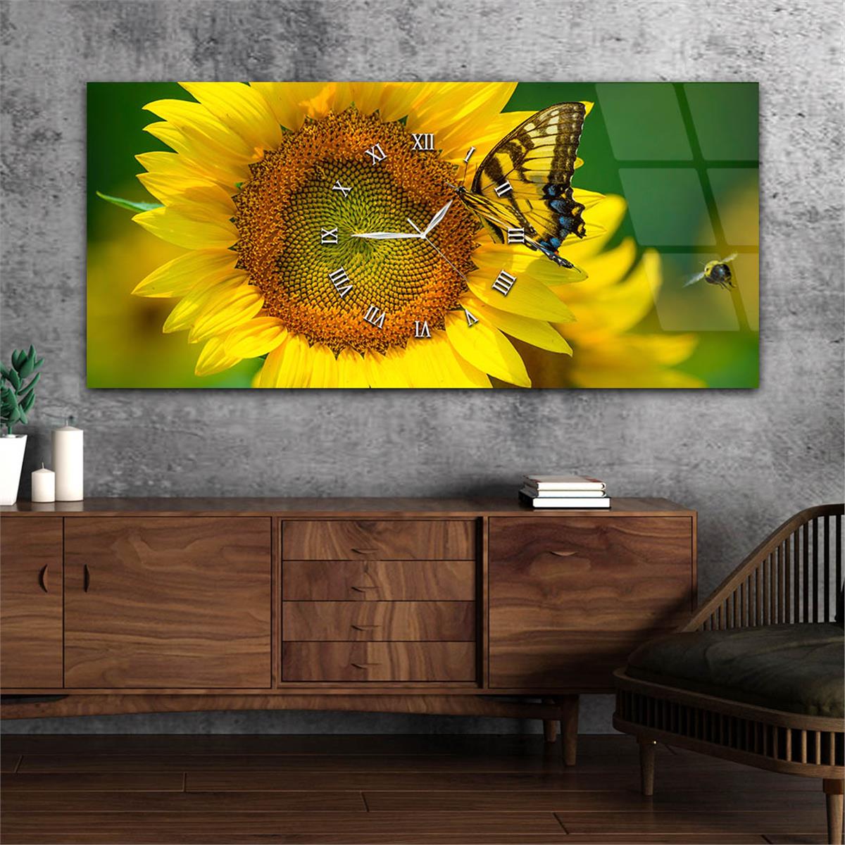 Horizontaal, in Het Midden Voorzien Van Een Klok, Kunst En Natuur Thema Gehard Glasschilderij 008