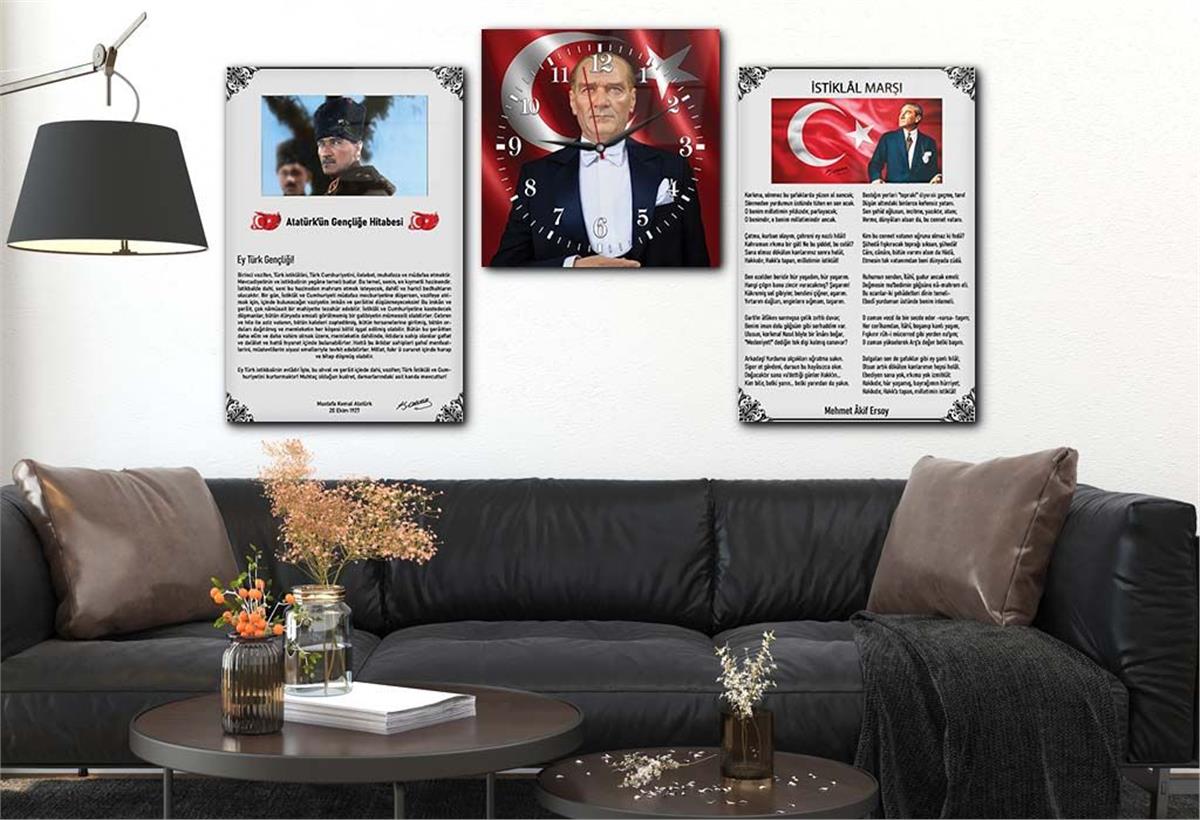 Atatürk, Independence March, and Youth Address Glass Wall Art Set with Clock