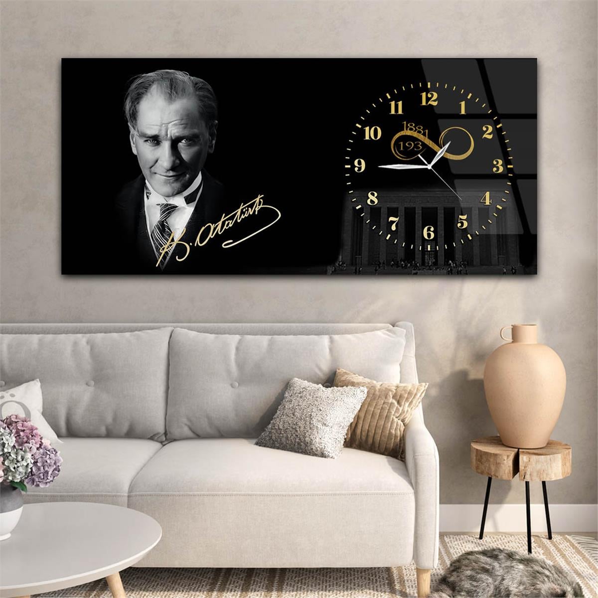 Yatay Saatli Yandan Vatan Temalı Cam Tablo 033