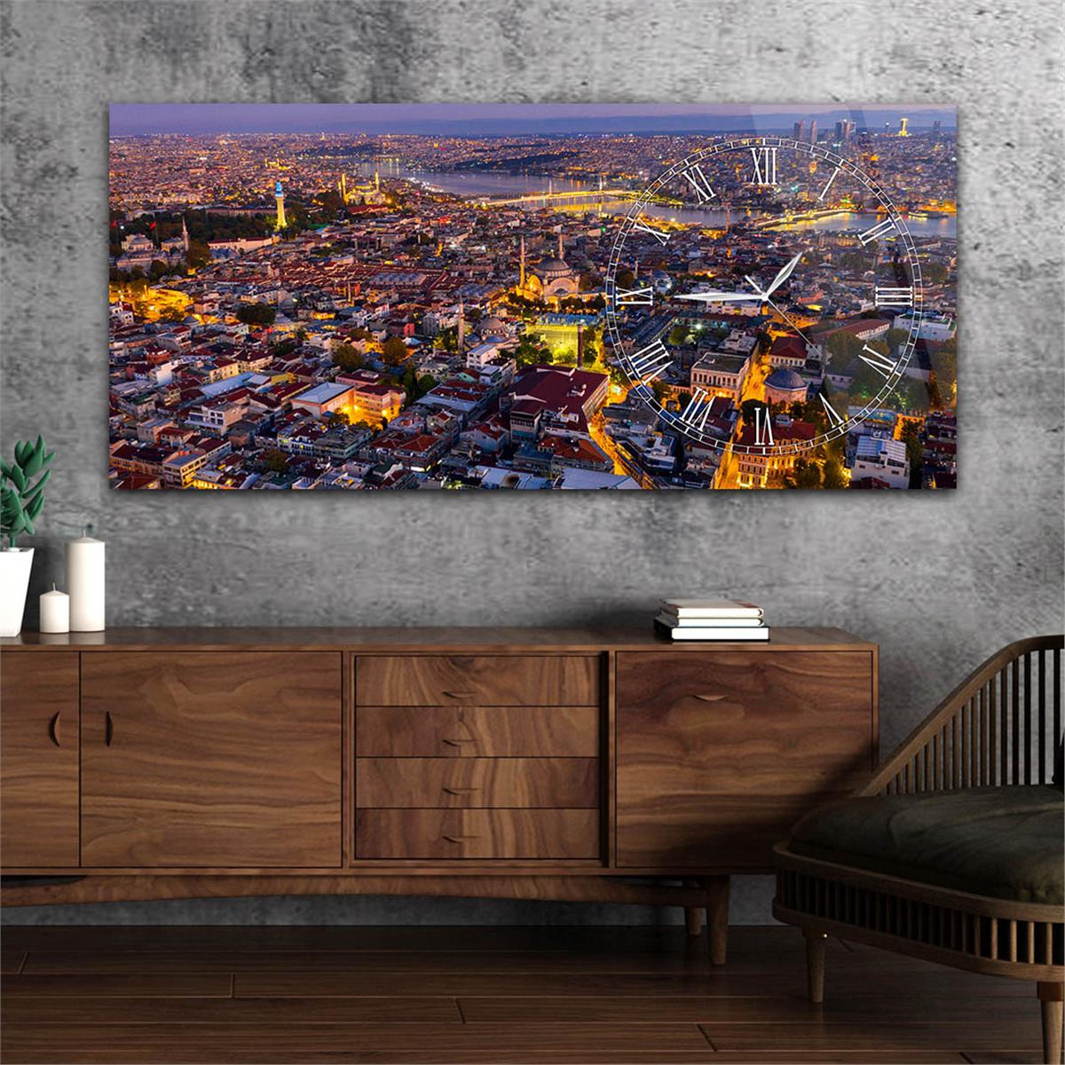 Yatay Saatli Yandan Sanat Temalı Cam Tablo 240