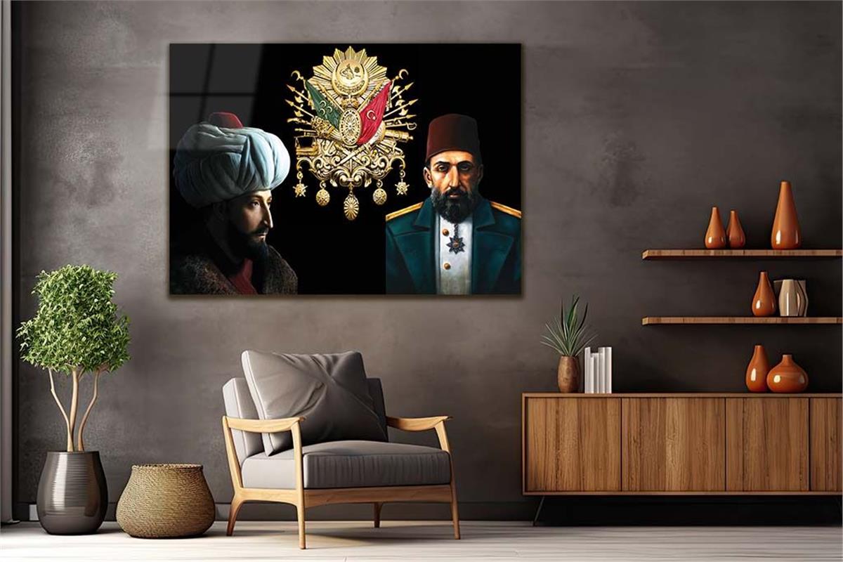 F.SULTAN MEHMET HAN VE ABDULHAMİD HAN OSMANLI DEVLET ARMALI CAM TABLO