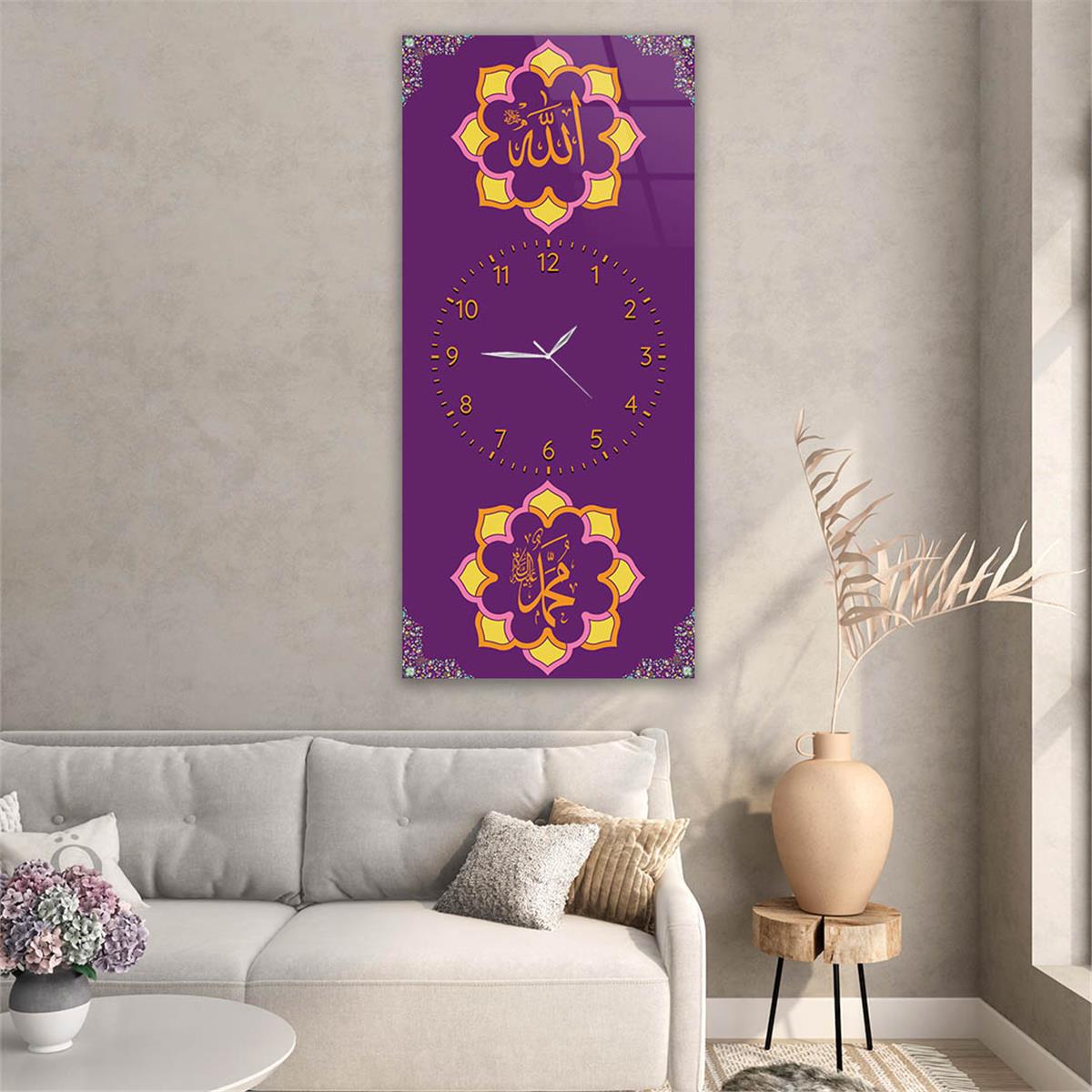 Vertical Religious Themed Glass Wall Art with Clock at the Center 009