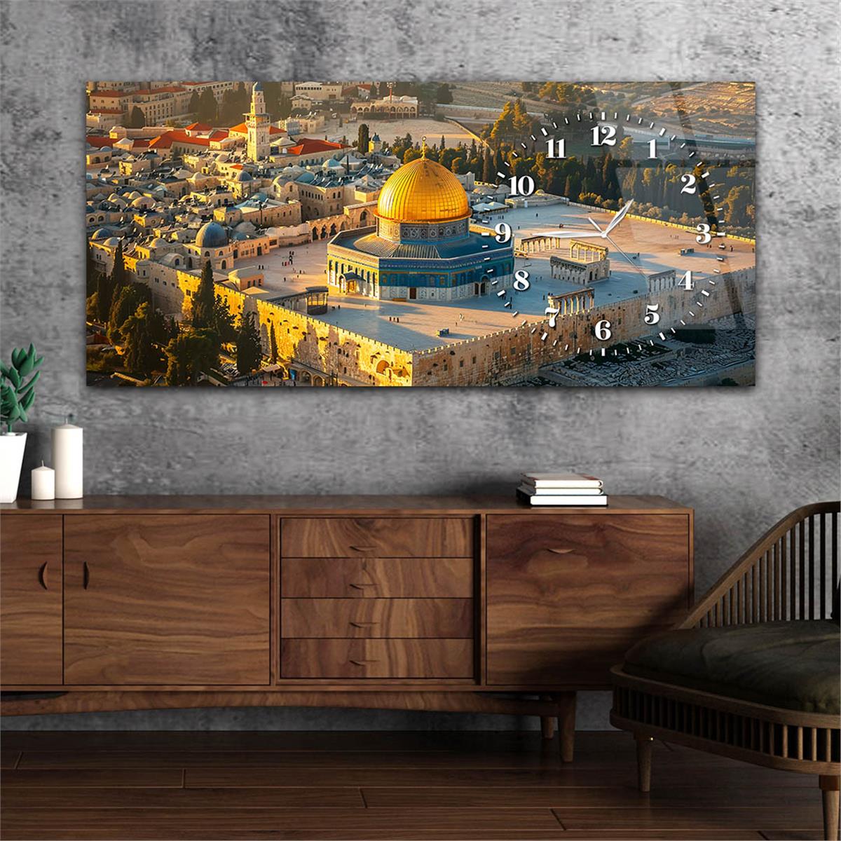 Yatay Saatli Yandan Dini Temalı Cam Tablo 089