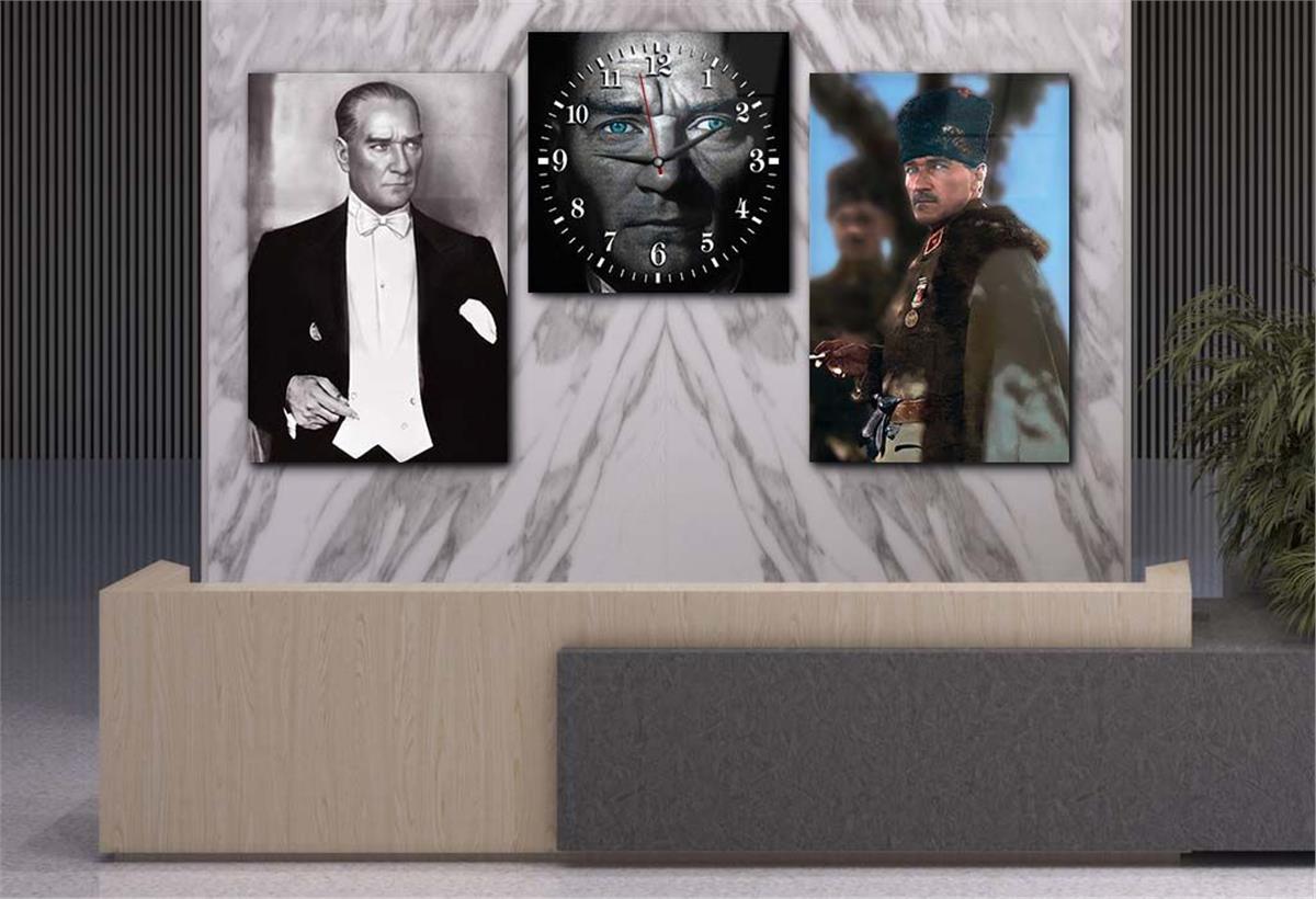 MUSTAFA KEMAL ATATÜRK Glass Wall Art Set with Clock