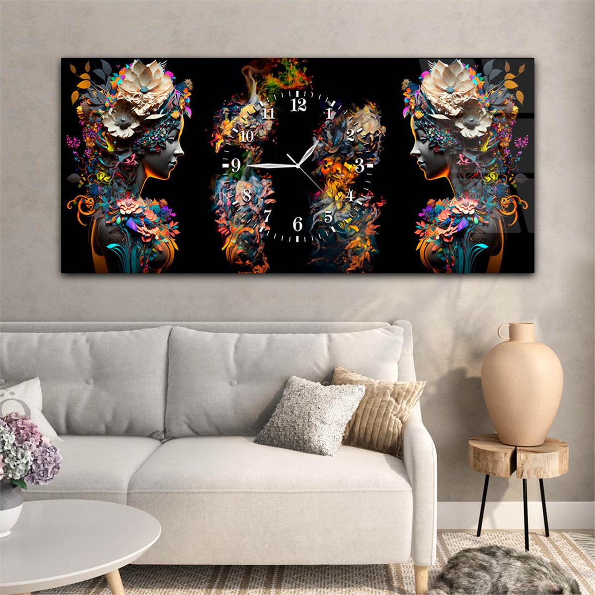 Horizontaal, in Het Midden Voorzien Van Een Klok, Kunst En Natuur Thema Gehard Glasschilderij 064