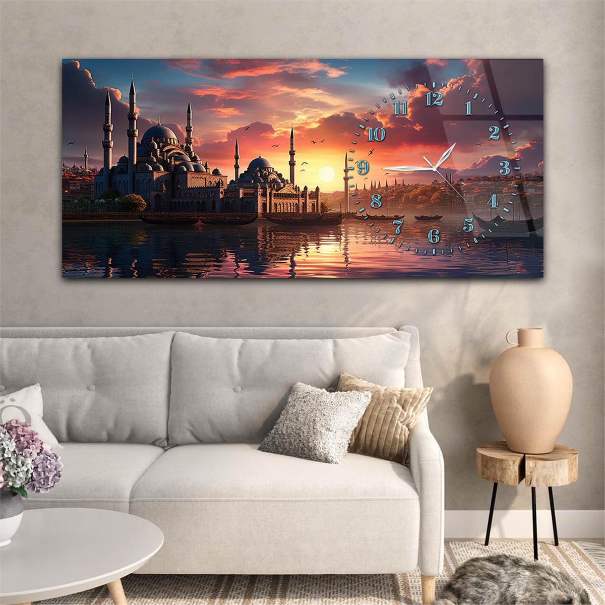 Yatay Saatli Yandan Dini Temalı Cam Tablo 084