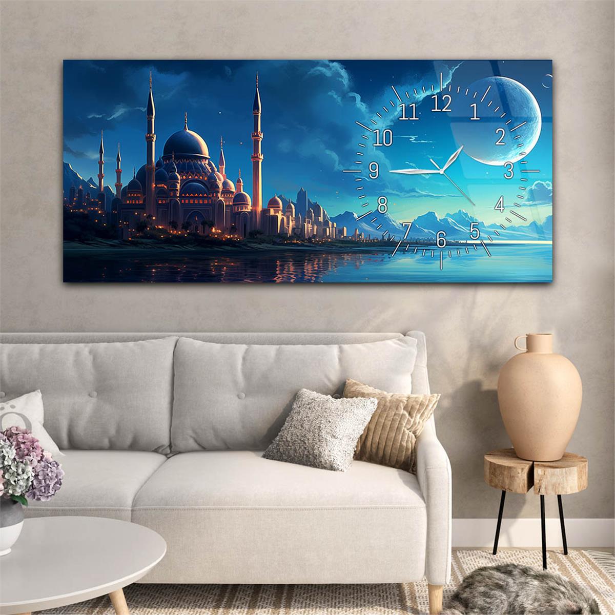 Yatay Saatli Yandan Dini Temalı Cam Tablo 079