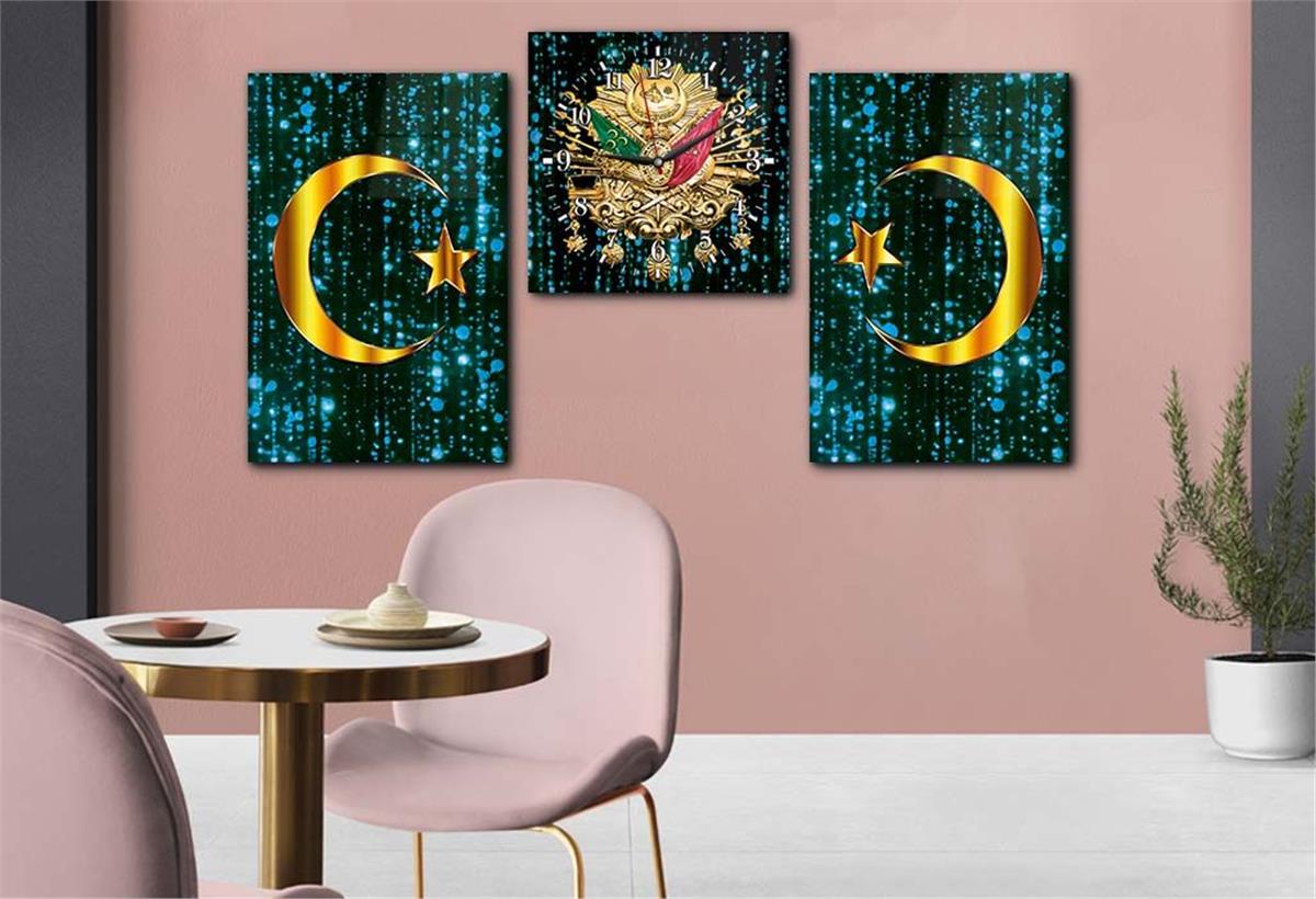 Ottoman State Coat of Arms and Crescent-Star Tempered Glass Wall Art Set with Clock