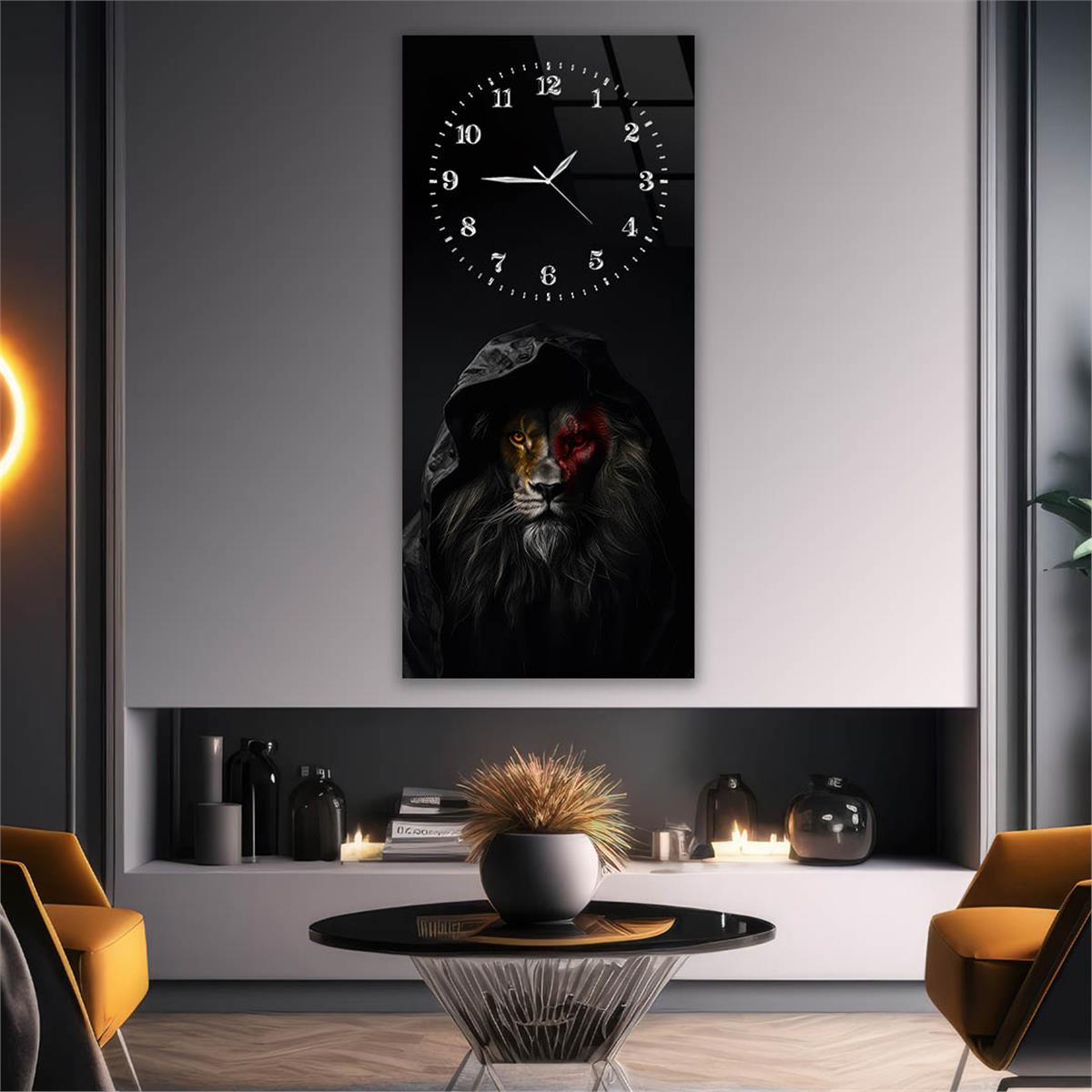 Dikey Üstten Saatli Sanat Temalı Cam Tablo 090