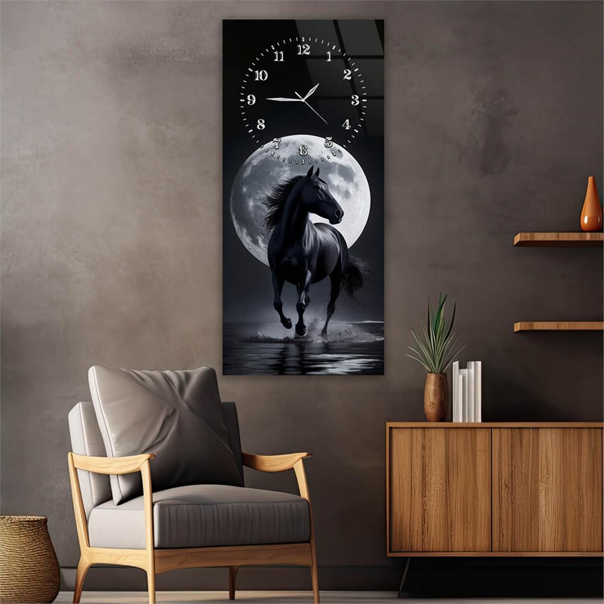 Dikey Üstten Saatli Sanat Temalı Cam Tablo 100