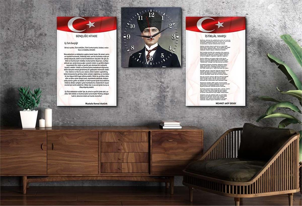 Atatürk and Independence March Glass Wall Art Set with Clock