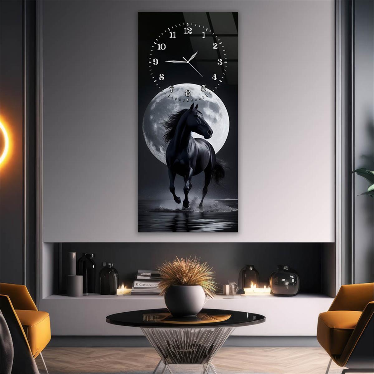 Dikey Üstten Saatli Sanat Temalı Cam Tablo 100