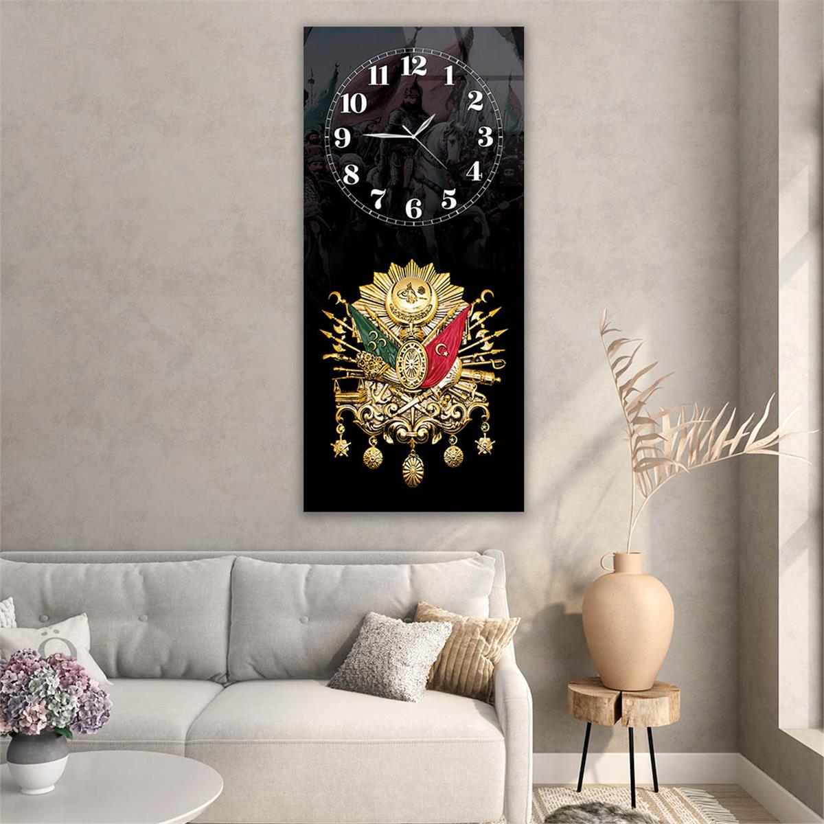 Vertical National Themed Glass Wall Art with Clock at the Top 009