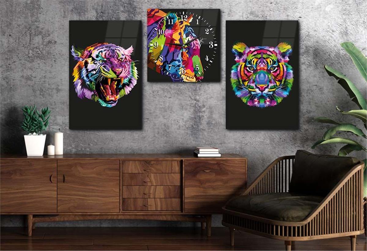 Tiger Tempered Glass Wall Art Set with Clock