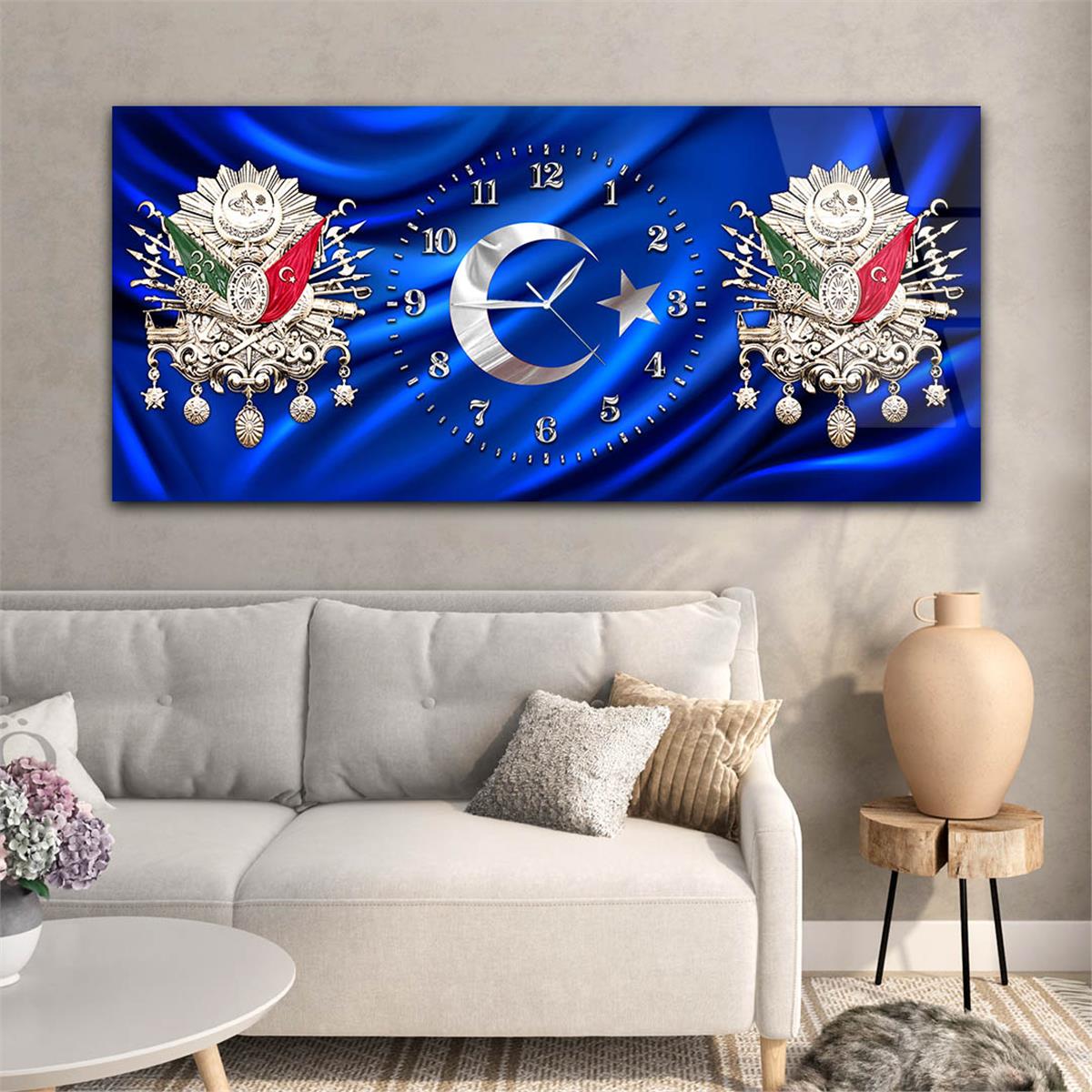Yatay Saatli Ortadan Vatan Temalı Cam Tablo 148