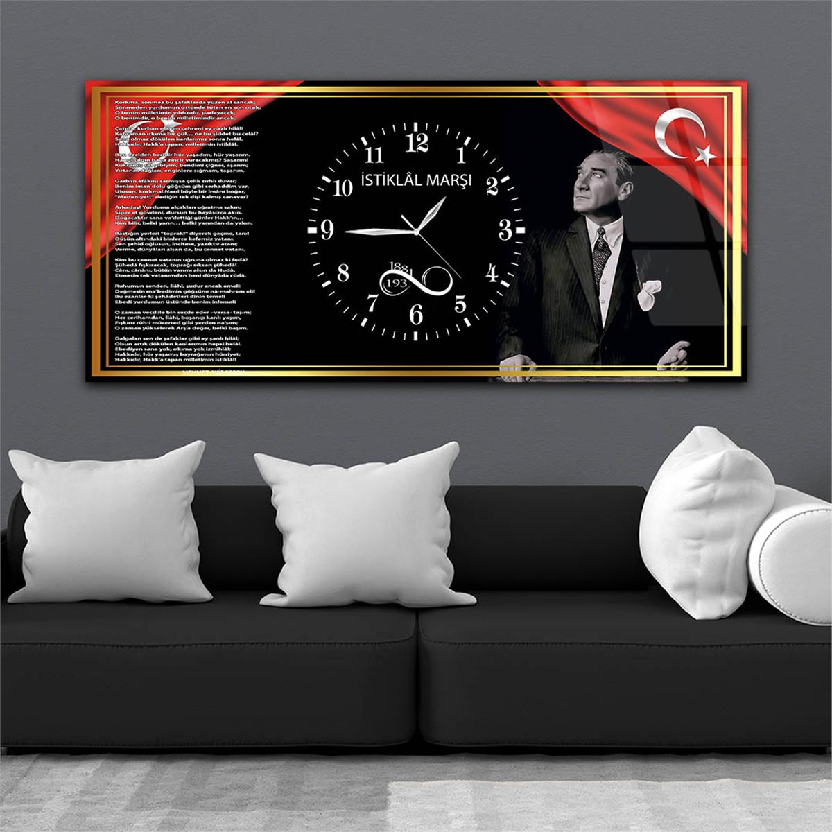 Gold Çerçeve Görselli İstiklal Marşı ve Atatürk Yatay Ortadan Saatli  Vatan Temalı Cam Tablo 044