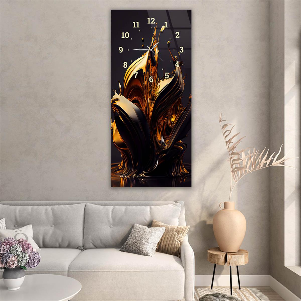 Verticale, Aan De Boven Kant Voorzien Van Een Klok, Kunst en Natuur Thema Gehard Glasschilderij 032