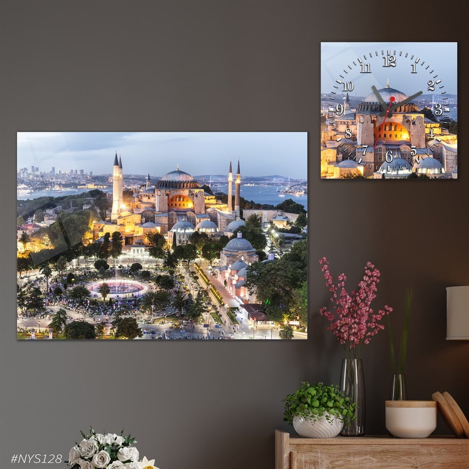 Tempered Glasss Wall Arts Religious-Themed Set with Square Clock
