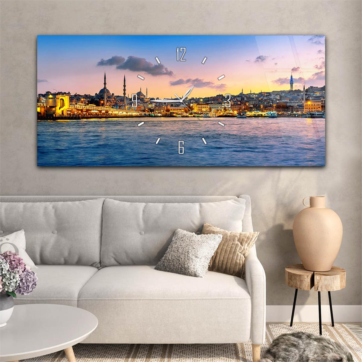 Yatay Saatli Ortadan Dini Temalı Cam Tablo 114