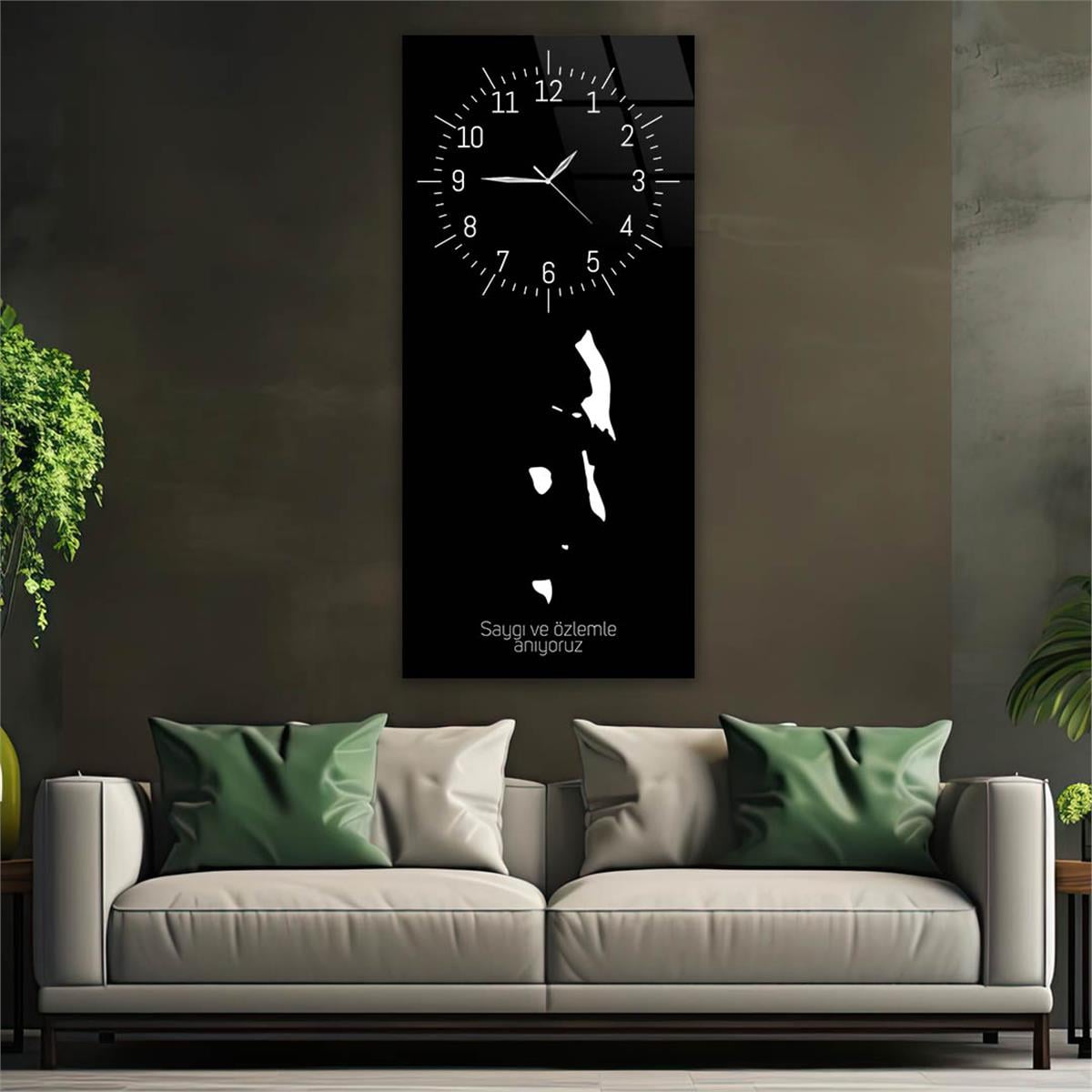Dikey Üstten Saatli Vatan Temalı Cam Tablo 044