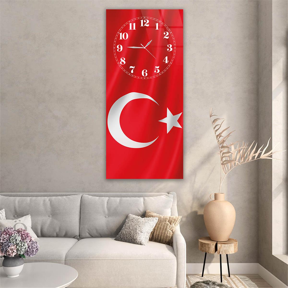 Dikey Üstten Saatli Vatan Temalı Cam Tablo 043