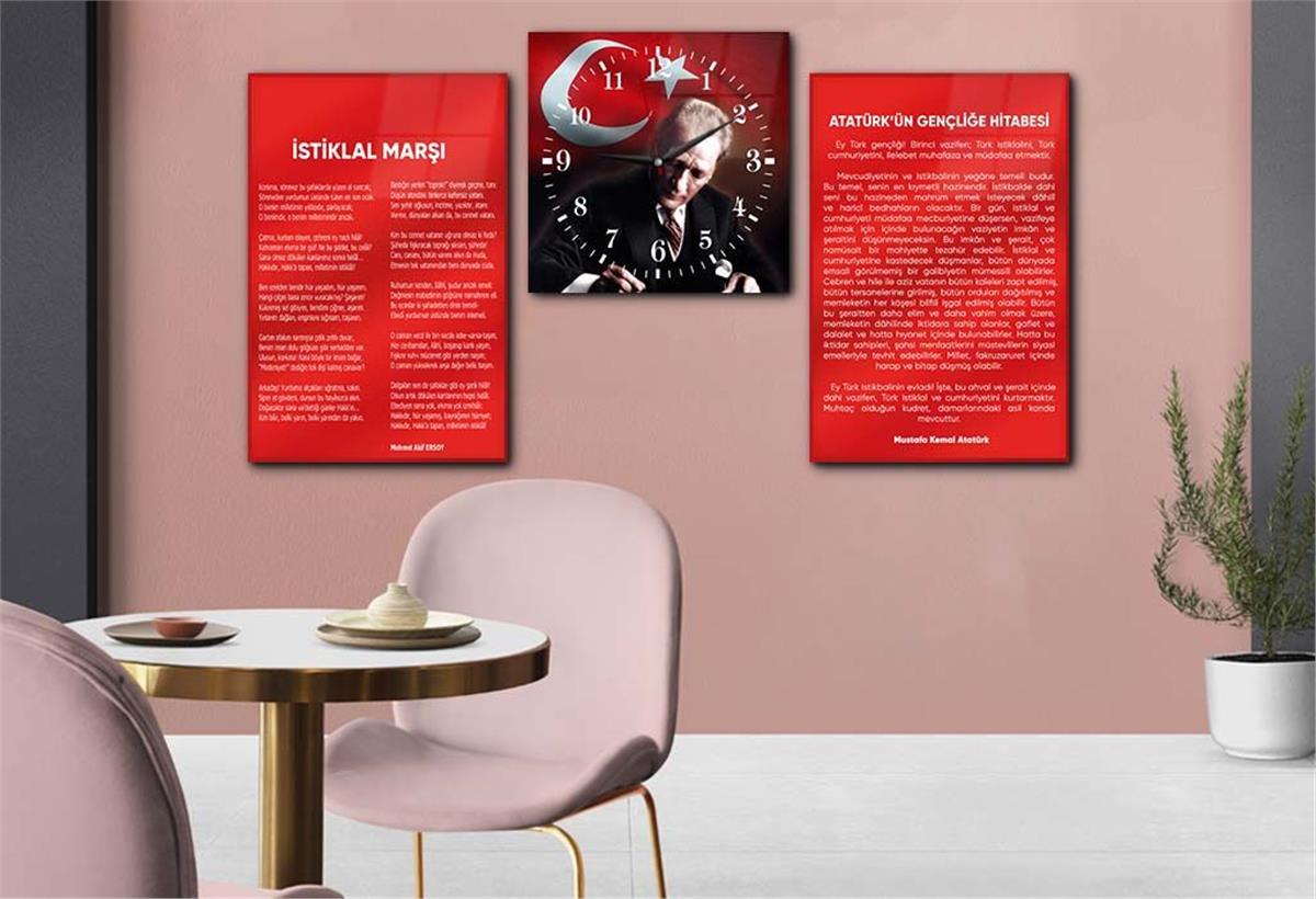 Atatürk, Independence March, and Youth Address Glass Wall Art Set with Clock