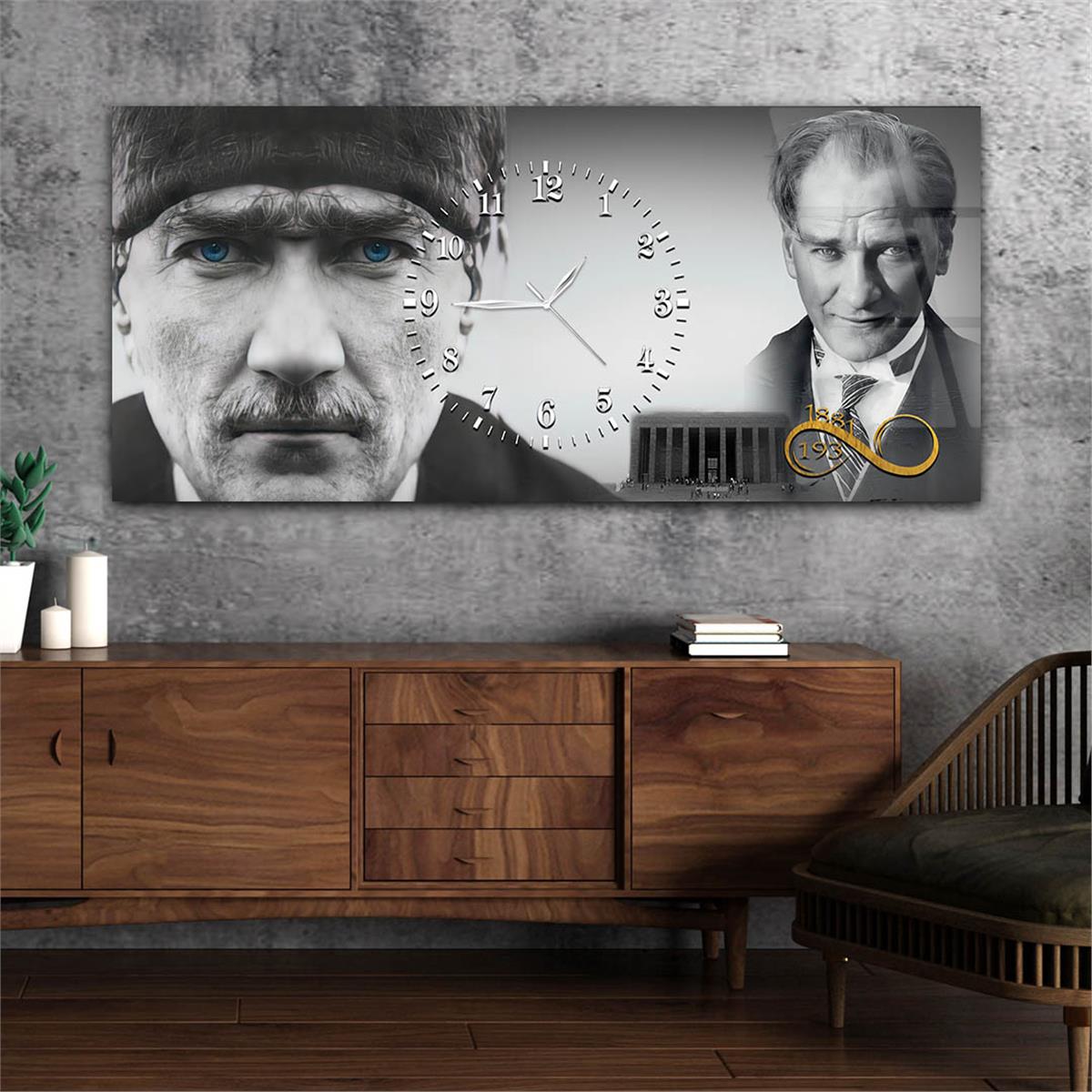 Atatürkün Mavi Gözleri ,Dosta Güven Düşmana Korku Veren Bakışları ve Anıtkabir Saatli Cam Tablo 064