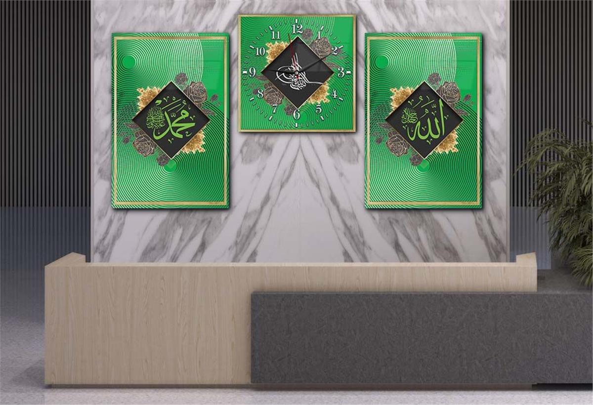 ALLAH C.C. MUHAMMED S.A.V İSMİ VE OSMALI TUĞRA GÖRSELLİ CAM TABLO CAM DUVAR SAATİ 