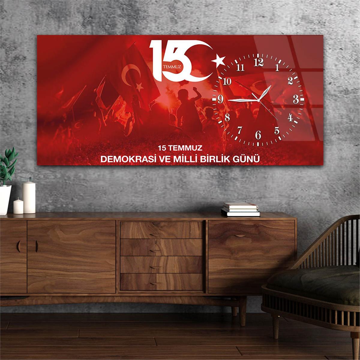 Yatay Saatli Yandan Vatan Temalı Cam Tablo 014
