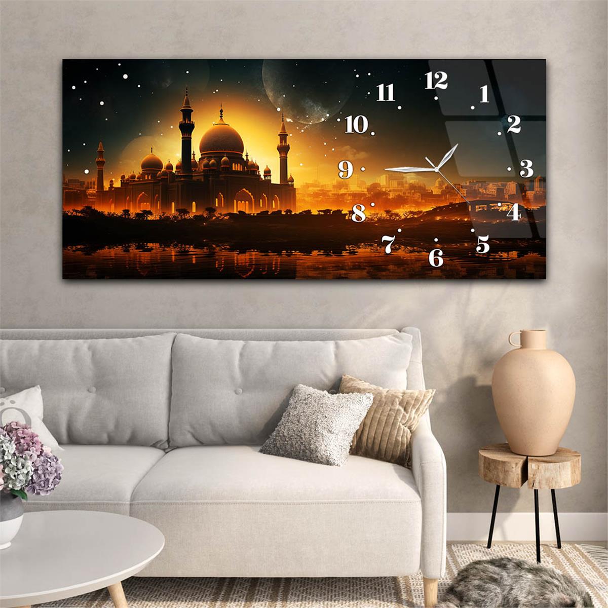 Yatay Saatli Yandan Dini Temalı Cam Tablo 080