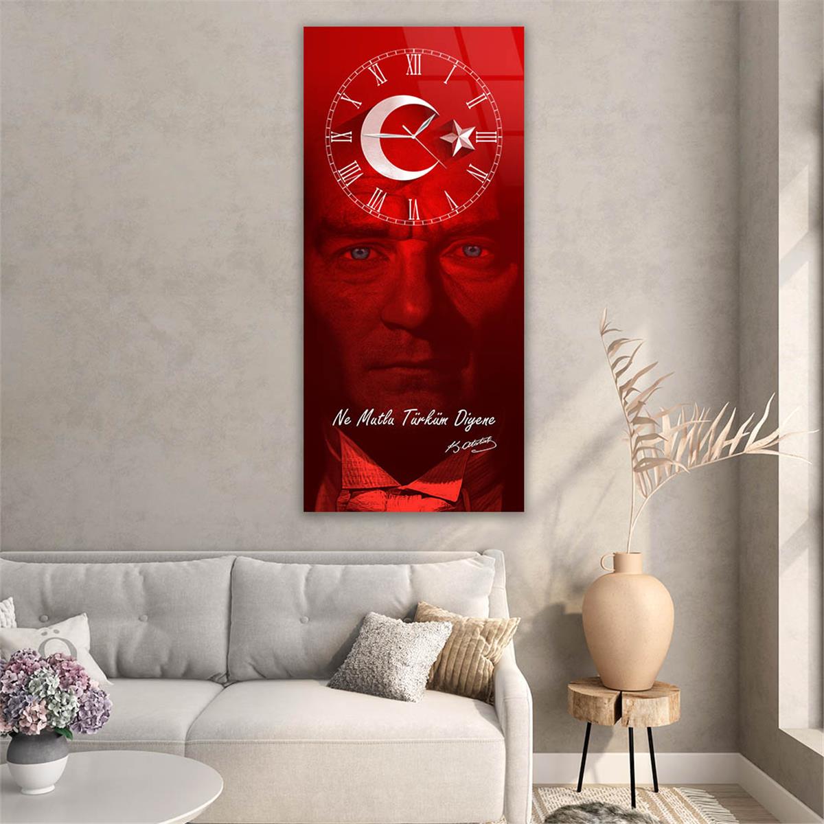 Dikey Üstten Saatli Vatan Temalı Cam Tablo 027
