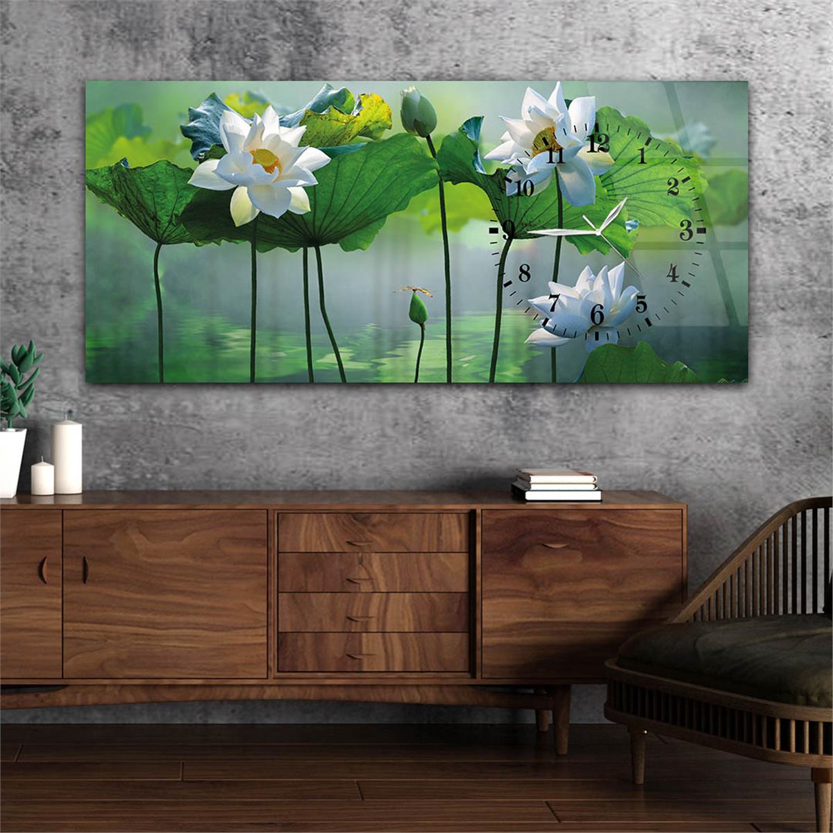 Yatay Saatli Yandan Sanat ve Doğa Temalı Cam Tablo 051