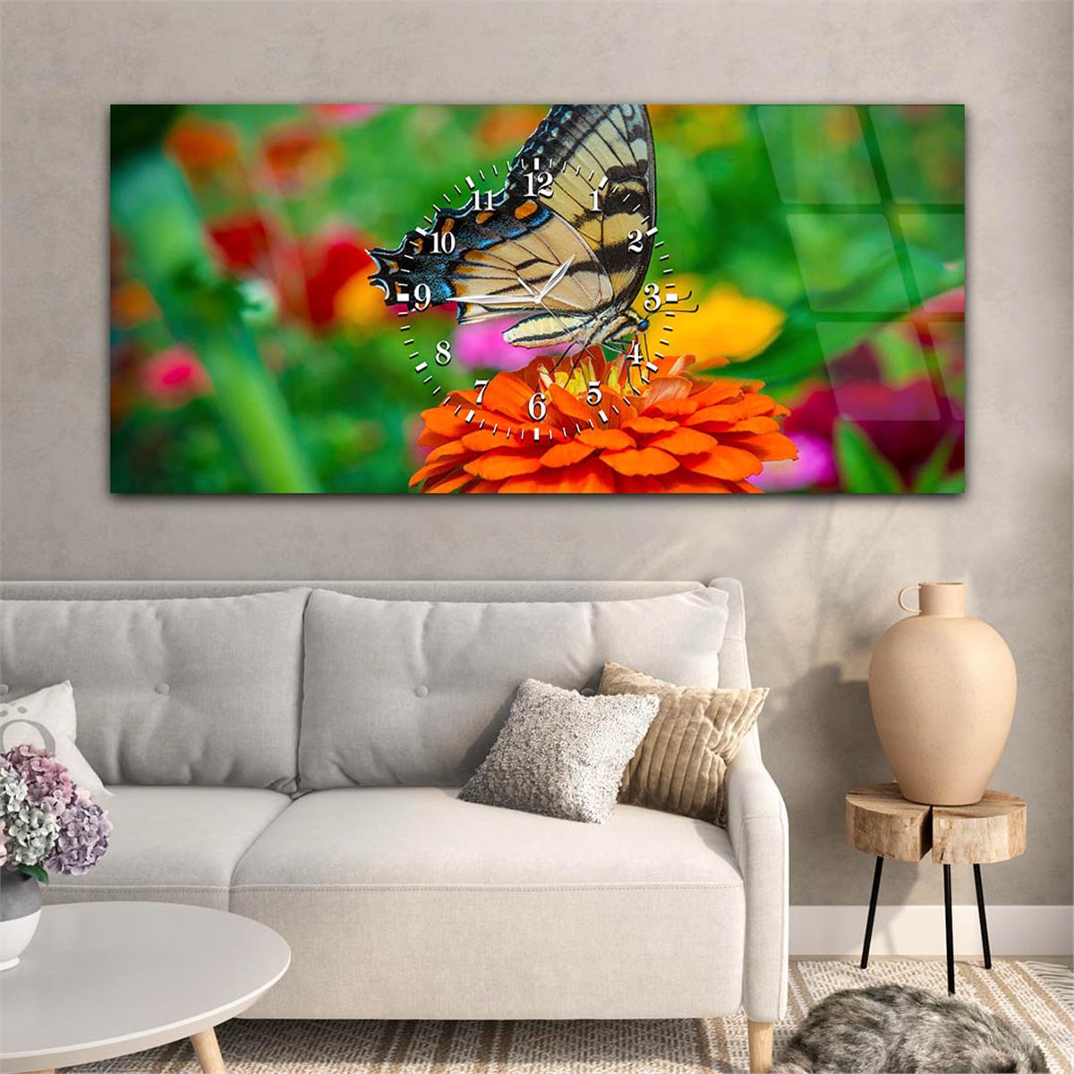 Horizontaal, in Het Midden Voorzien Van Een Klok, Kunst En Natuur Thema Gehard Glasschilderij 007