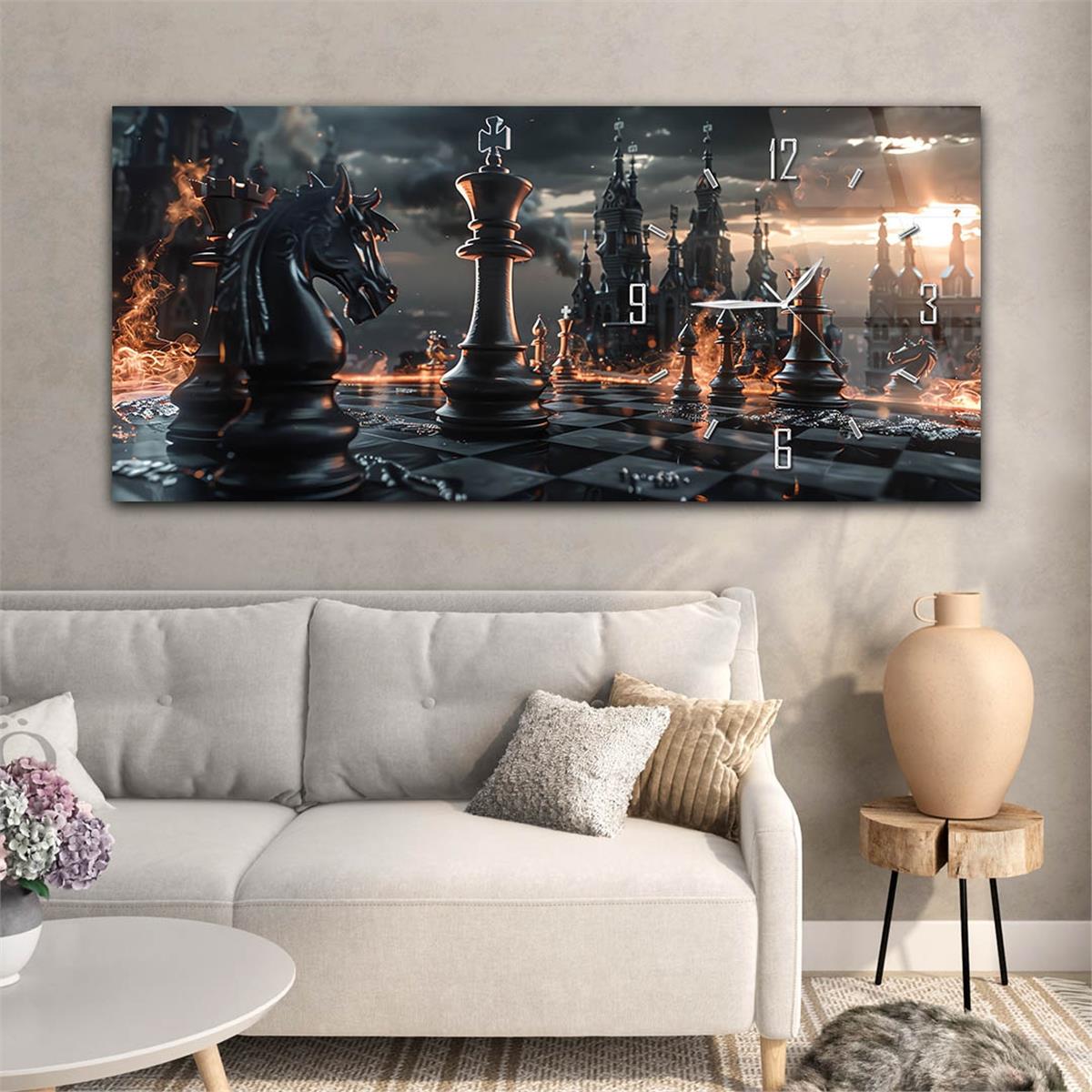 Yatay Saatli Yandan Sanat Temalı Cam Tablo 297