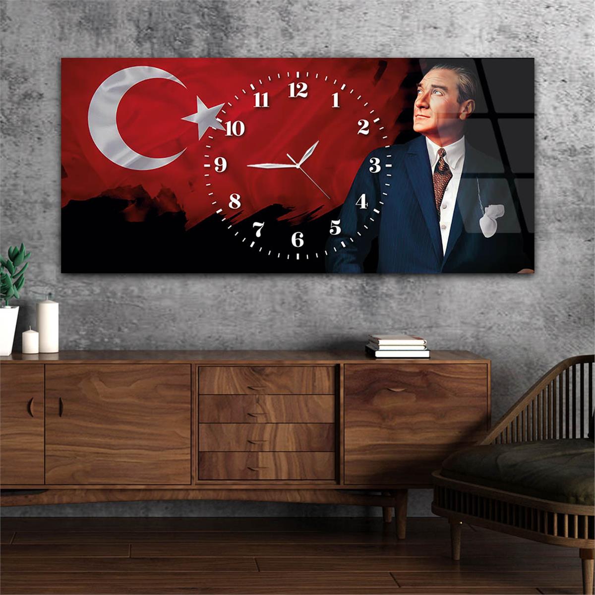 Yatay Saatli Ortadan Vatan Temalı Cam Tablo 152