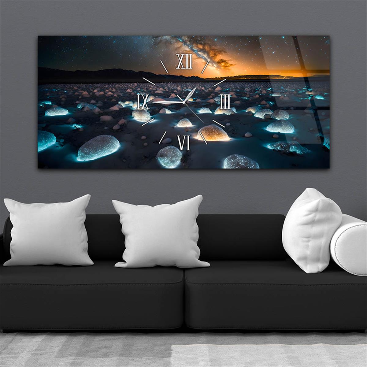 Yatay Ortadan Saatli  Sanat ve Doğa Temalı Cam Tablo 104