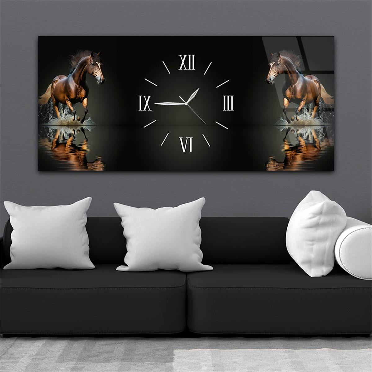 Yatay Ortadan Saatli  Sanat ve Doğa Temalı Cam Tablo 048