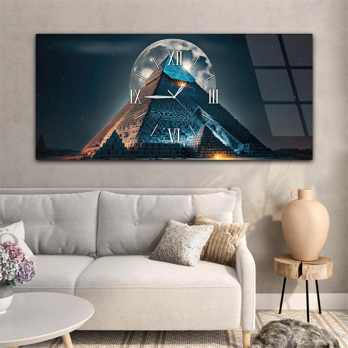 Yatay Ortadan Saatli  Sanat ve Doğa Temalı Cam Tablo 105