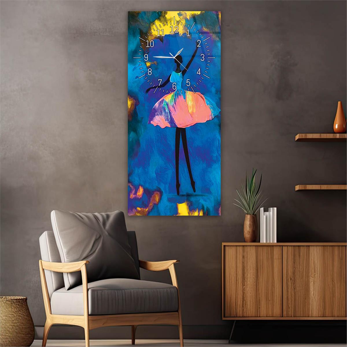 Dikey Üstten Saatli Sanat Temalı Cam Tablo 062