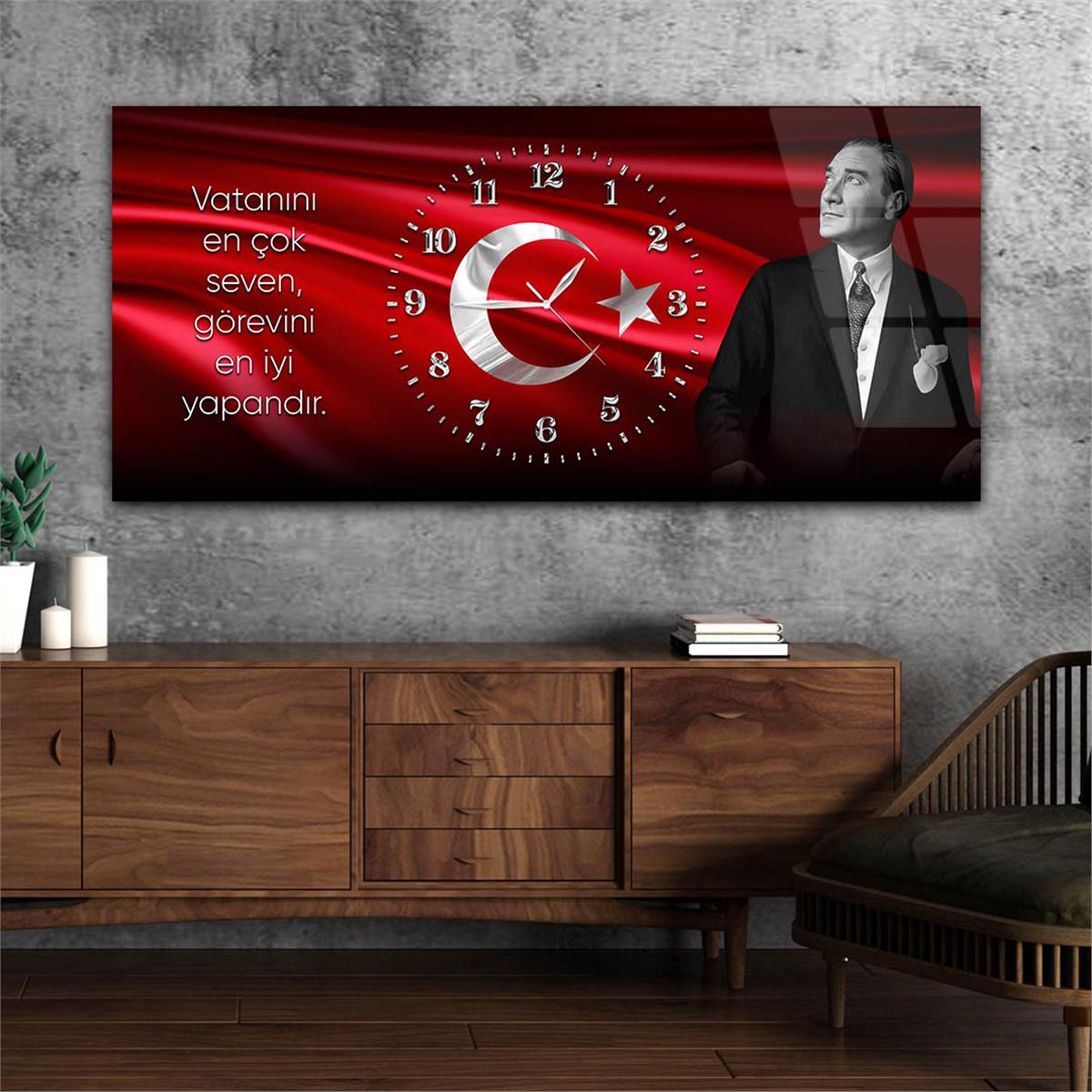 Yatay Saatli Ortadan Vatan Temalı Cam Tablo 169