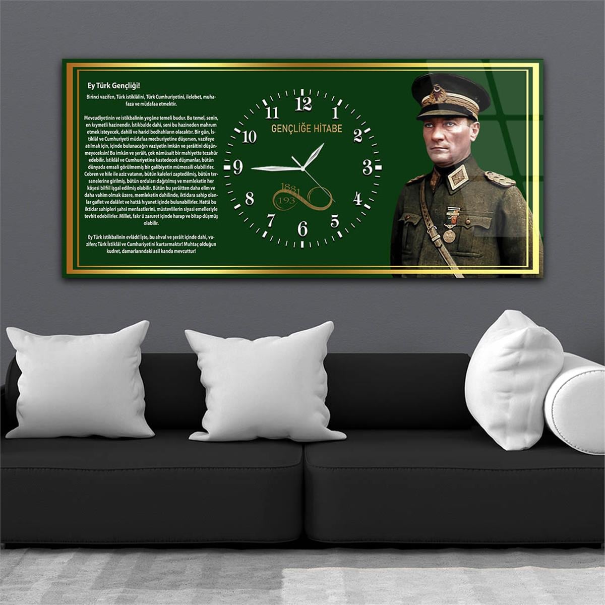 Askeri Mustafa Kemal Atatürk ve Gençliğe Hitabesi Saatli Cam Tablo 039