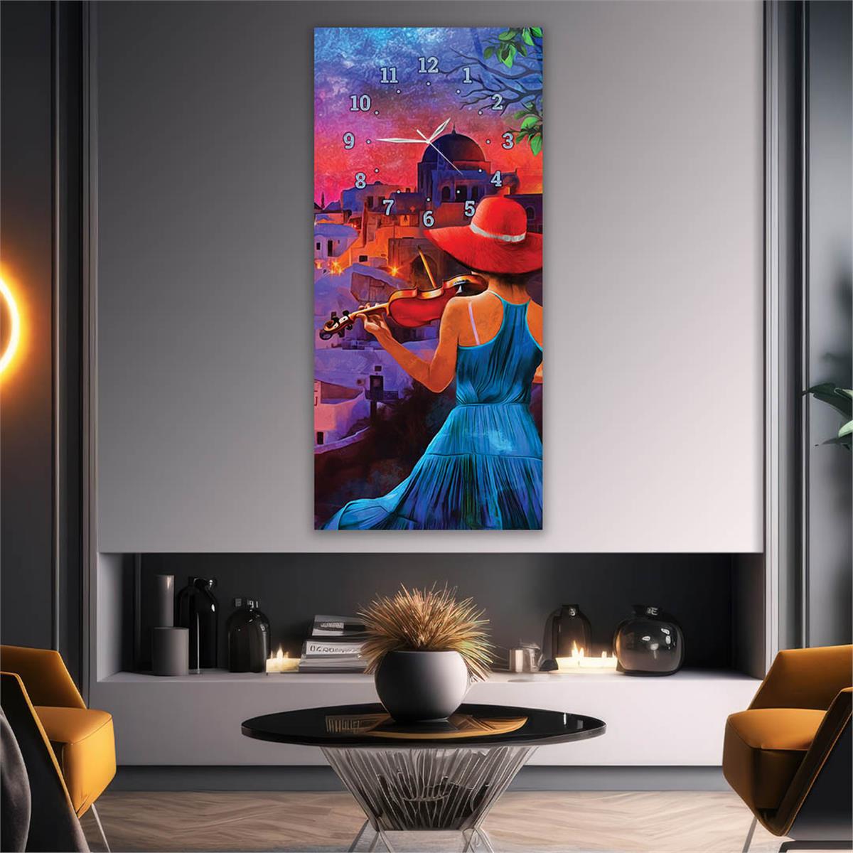 Dikey Üstten Saatli Sanat Temalı Cam Tablo 052