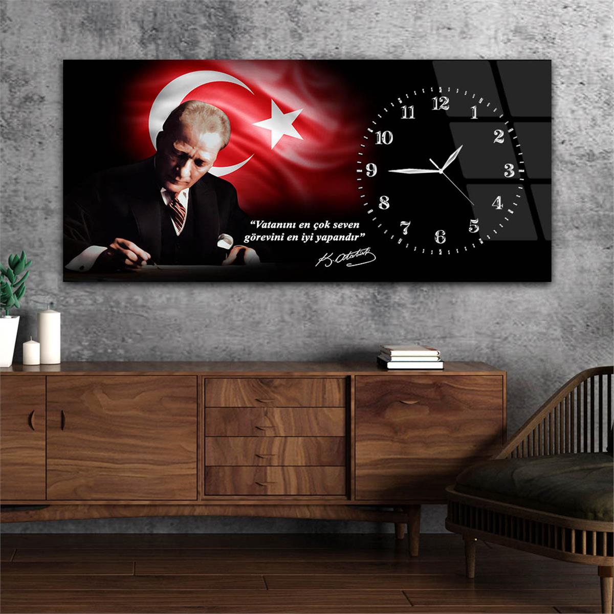 Yatay Saatli Yandan Vatan Temalı Cam Tablo 036