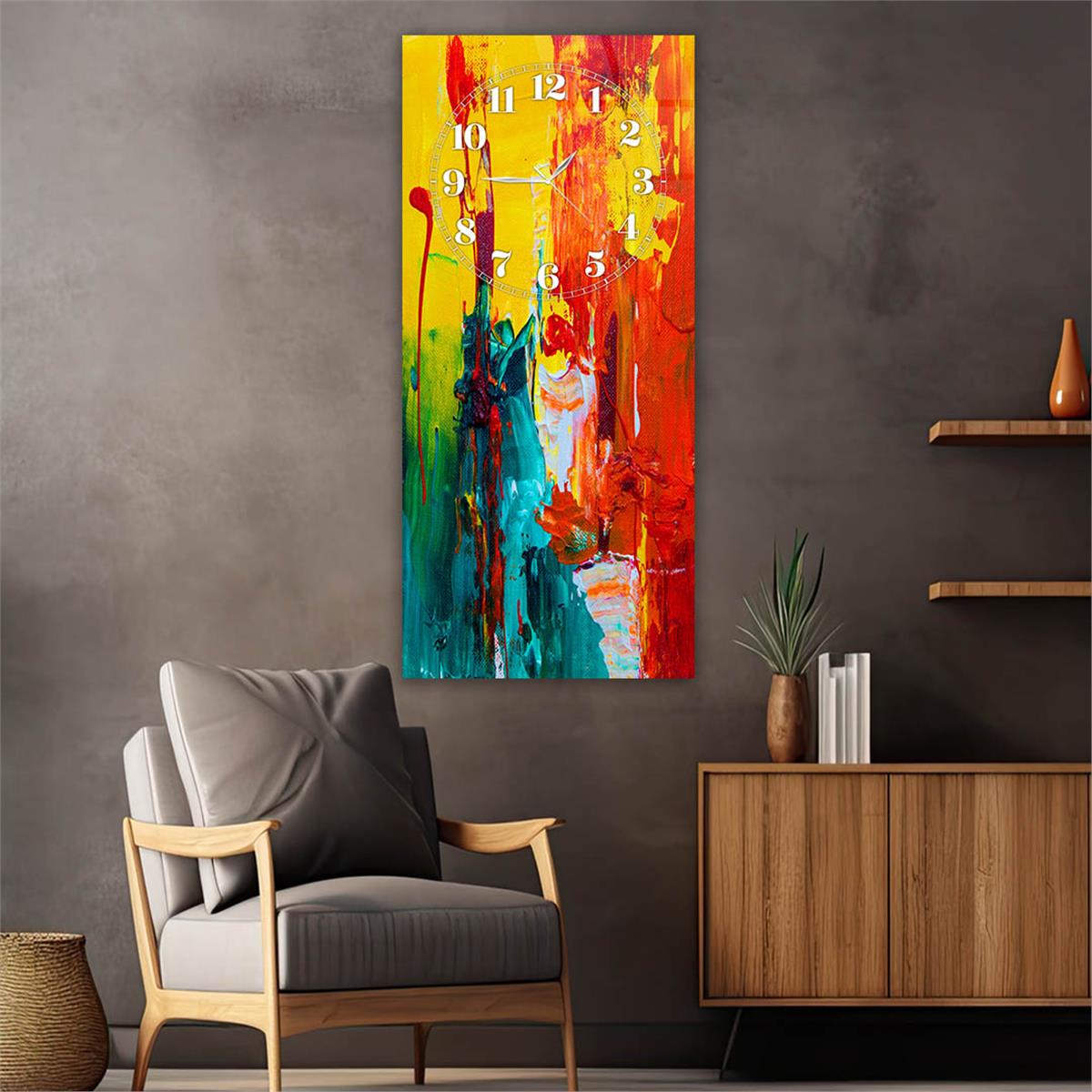 Dikey Üstten Saatli Sanat Temalı Cam Tablo 013