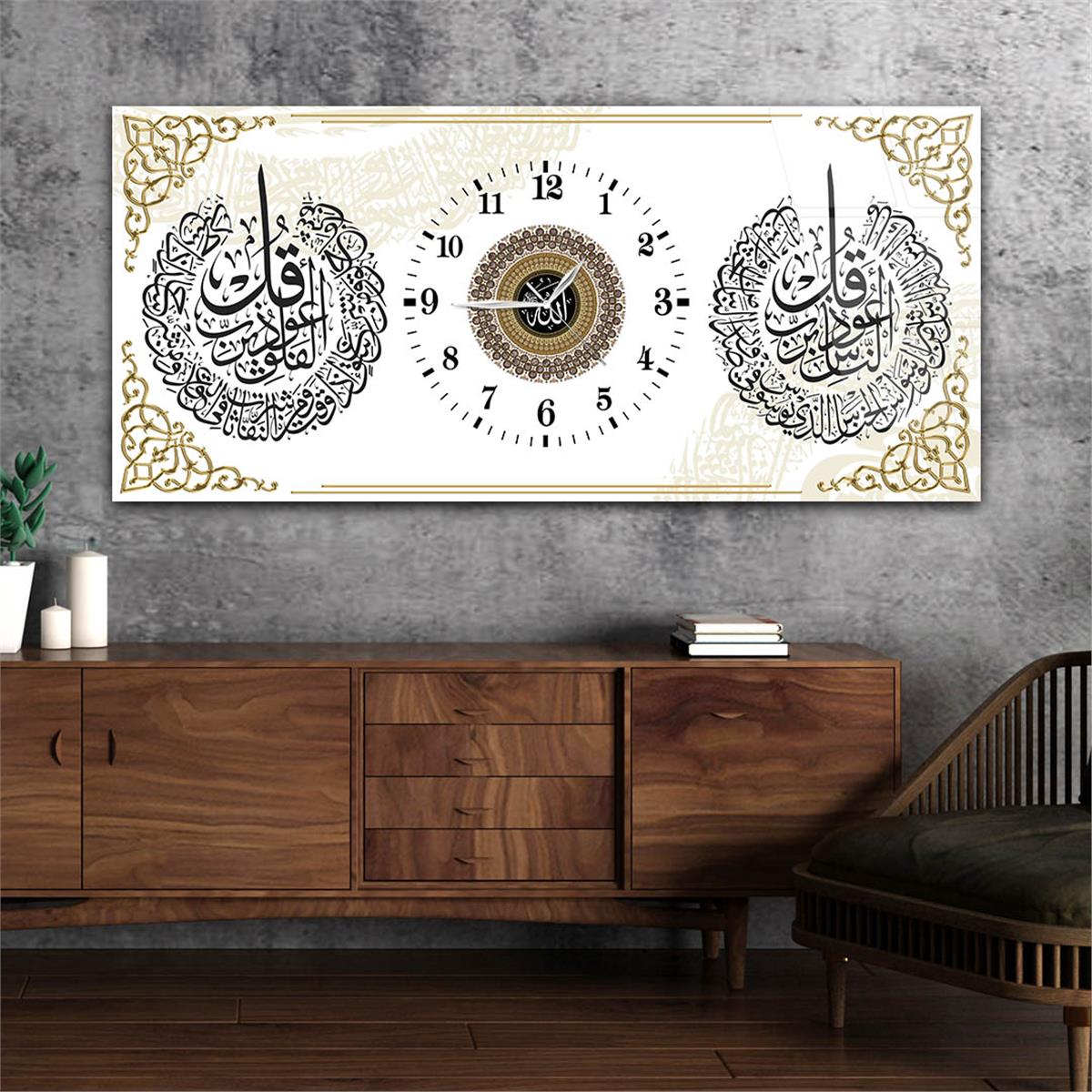 Yatay Saatli Ortadan Dini Temalı Cam Tablo 116