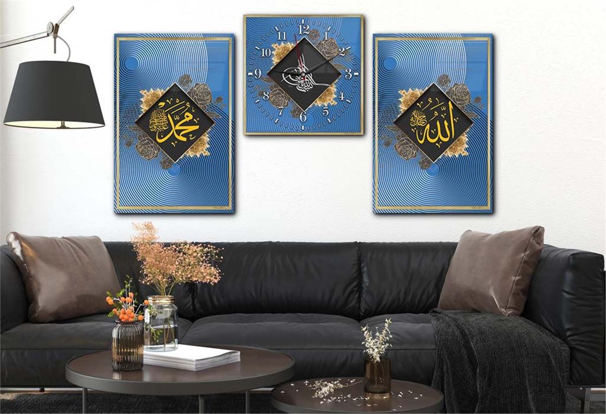 ALLAH C.C. MUHAMMED S.A.V İSMİ VE OSMALI TUĞRA GÖRSELLİ CAM TABLO CAM DUVAR SAATİ 