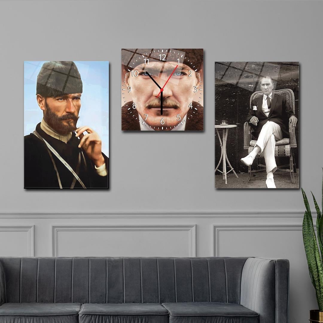  MUSTAFA KEMAL ATATÜRK GÖRSELLİ CAM TABLO CAM SAAT SETİ 